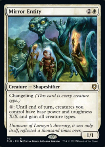 A Magic: The Gathering card titled "Mirror Entity [Commander Legends: Battle for Baldur's Gate]" with a cost of 2 colorless and 1 white mana. It’s a Creature - Shapeshifter with the Changeling ability. The art shows a serpentine, blue, alien-like creature. Its power and toughness are 1/1. Perfect for any Commander Legends deck!