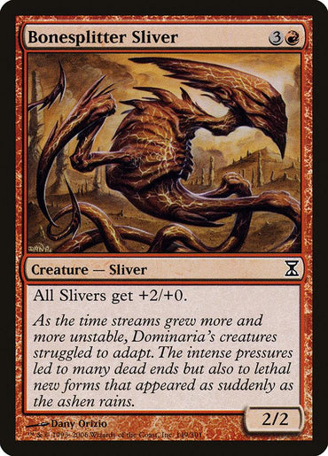 The Magic: The Gathering card "Bonesplitter Sliver" from Time Spiral features a creature with a sharp exoskeleton set against Dominaria's hazy backdrop. It costs 3 colorless and 1 red mana, boosts all Slivers' attack by +2, has power/toughness of 2/2, and its flavor text highlights adaptability.