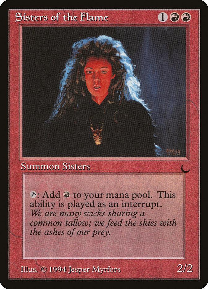 Introducing the Magic: The Gathering card "Sisters of the Flame [The Dark]." This 2/2 Human Shaman costs 1 red and 2 generic mana to cast. The illustration showcases a woman with wild hair and glowing eyes, dressed in dark clothing. The text box reads: "Tap: Add red mana to your mana pool. This ability is played as an interrupt.