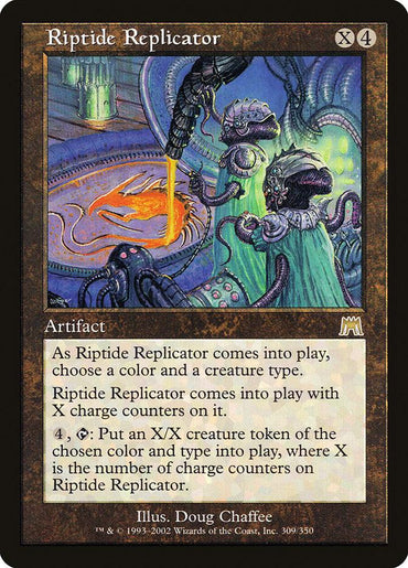 The Magic: The Gathering card "Riptide Replicator [Onslaught]" is an artifact with a casting cost of X and 4 colorless mana. Illustrated by Doug Chaffee, the card depicts a mechanical device creating an X/X creature token with chosen attributes.