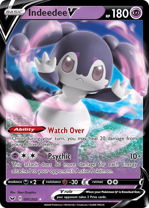 Pokémon Indeedee V (091/202) [Sword & Shield: Base Set] of the Sword & Shield series with 180 HP. The Ultra Rare card features a serene Indeedee emerging from a mystical purple aura. It includes the ability "Watch Over" and the move "Psychic," which deals 10+ damage. Weakness to Darkness, resistance to Fighting, and retreat cost with two colorless symbols.
