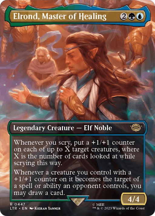 A Magic: The Gathering card named "Elrond, Master of Healing (Borderless Alternate Art) [The Lord of the Rings: Tales of Middle-Earth]." This legendary creature features an illustration of an Elf Noble casting a spell with a background of a mystical forest. The card has a text box detailing its abilities, a power and toughness of 4/4, and a gold border indicating it as multicolored.