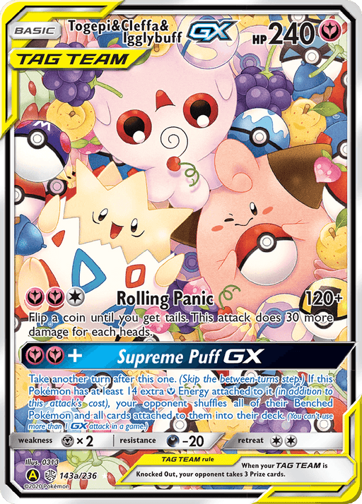 A Pokémon TAG TEAM GX card featuring Togepi, Cleffa, and Igglybuff. The colorful background includes stars and circles, with HP of 240 and two attacks: "Rolling Panic" and "Supreme Puff GX." This stunning Promo card has silver and yellow borders, making it a standout among Fairy-type Alternate Art Promos. The [Pokémon Togepi & Cleffa & Igglybuff GX (143a/236) Alternate Art Promos] card is truly a collector's gem.