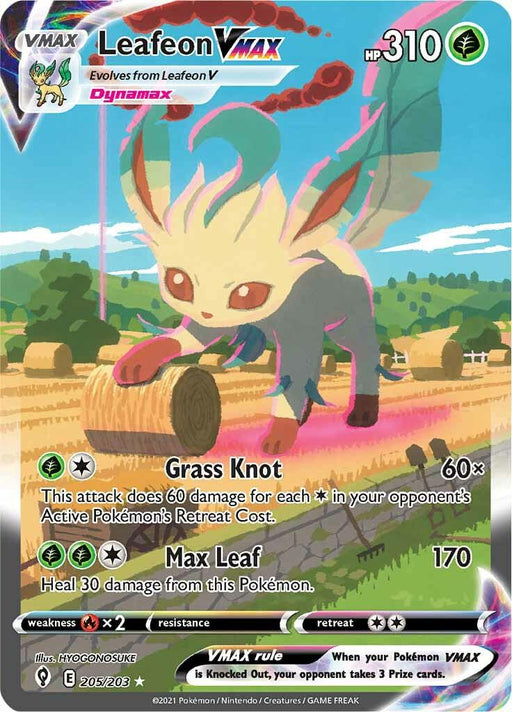 A Leafeon VMAX (205/203) [Sword & Shield: Evolving Skies] from Pokémon featuring Leafeon VMAX with artwork by HYOGONOSUKE. This Grass Type Pokémon, "Evolves from Leafeon V," stands in a grassy field with bales of hay. With 310 HP, it has two attacks: "Grass Knot" for 60x and "Max Leaf" for