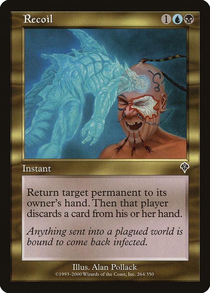 A Magic: The Gathering card titled Recoil [Invasion] features grotesque artwork of a blue, ghostly creature attacking a horrified figure with tribal face paint and piercings. This instant from the Invasion set costs one colorless, one blue, and one black mana to cast. It returns target permanent to its owner's hand and forces that player to discard a card. Illustration by Alan Pollack