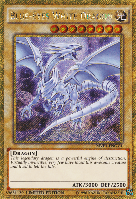 The image depicts a "Blue-Eyes White Dragon [MVP1-ENGV4] Gold Secret Rare" trading card from the Yu-Gi-Oh! card game series. The legendary dragon boasts an imposing white frame with blue eyes and silver accents on its wings, claws, and body. With an attack power of 3000 and defense power of 2500, it's described as nearly invincible.