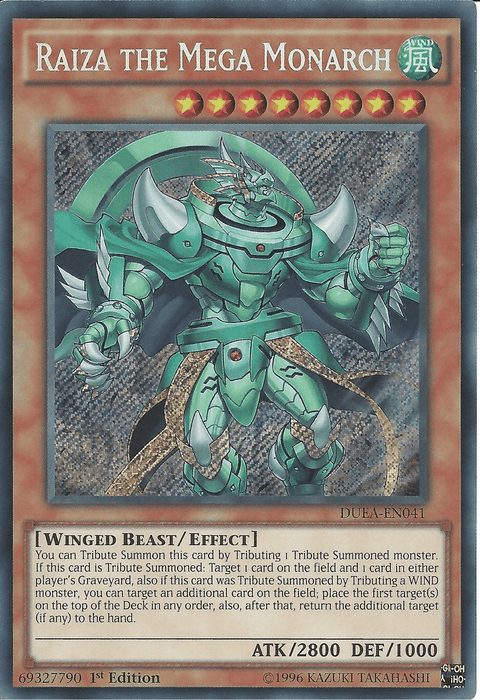 A Yu-Gi-Oh! trading card titled "Raiza the Mega Monarch [DUEA-EN041] Secret Rare," part of the Duelist Alliance set. The artwork depicts a large, armored green bird-like creature with mechanical features, sharp talons, and swirling wind elements. As a Secret Rare Effect Monster, it boasts ATK 2800 and DEF 1000, with attributes including WIND and Winged Beast/Effect.
