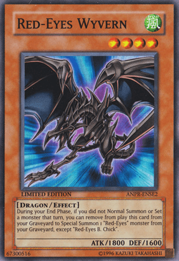 A Yu-Gi-Oh! trading card featuring "Red-Eyes Wyvern [ANPR-ENSE2] Super Rare." The card shows a black dragon-like creature with jagged wings and glowing red eyes against a blue, electric background. It's labeled as a Super Rare limited edition Effect Monster, displaying attack (1800) and defense (1600) points, plus its effect text and attributes.