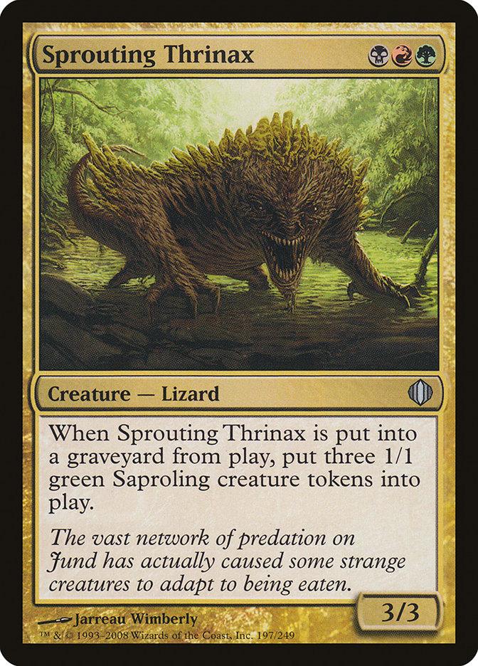 A "Magic: The Gathering" card from the Shards of Alara set, named "Sprouting Thrinax [Shards of Alara]." The image depicts a lizard-like creature with three heads in a swampy, green environment. Its stats are 3/3, and it creates three 1/1 green Saproling creature tokens when it moves to a graveyard.