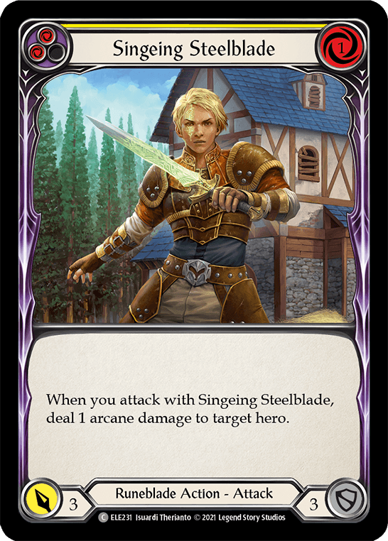 A fantasy card illustration of "Singeing Steelblade (Yellow) [ELE231] (Tales of Aria) 1st Edition Rainbow Foil" from the game "Flesh and Blood." The character is a blonde-haired warrior wielding a glowing sword in front of a medieval village backdrop. Featured as a Rainbow Foil in the "Tales of Aria" set, the card text reads, "When you attack with Singeing Steelblade, deal 1 arcane damage to