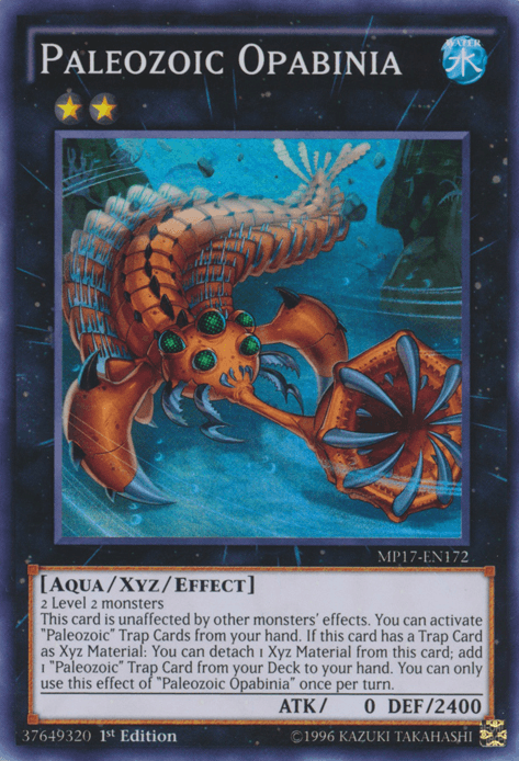 Yu-Gi-Oh! trading card titled "Paleozoic Opabinia [MP17-EN172] Super Rare" with a star rating of 2. This Xyz/Effect Monster has 0 attack, 2400 defense, and resembles a prehistoric aquatic arthropod with multiple eyes on stalks and claw-like appendages. Featured in the 2017 Mega-Tins, its attribute is Water.
