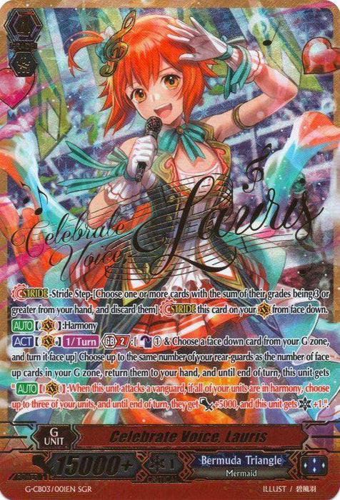 Here is an image of a "Cardfight!! Vanguard" trading card titled "Celebrate Voice, Lauris (SGR) (G-CB03/001EN)," part of the Blessing of Divas set by Bushiroad. The illustration showcases a red-haired mermaid idol singer from the Bermuda Triangle clan, holding a microphone and winking. She is dressed in a vibrant outfit with musical notes in the background. Text and stats are also displayed below the illustration.