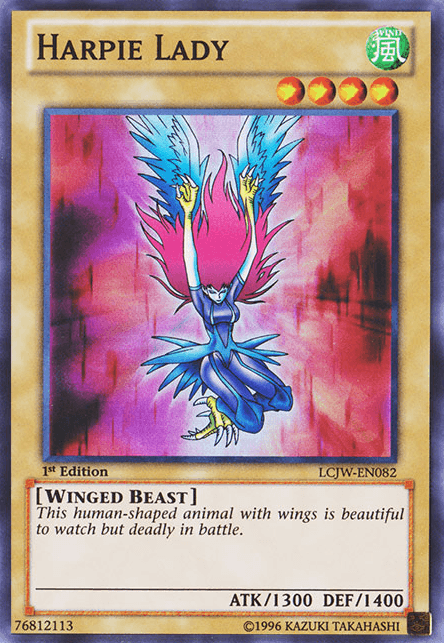 A Yu-Gi-Oh! trading card from "Legendary Collection 4: Joey's World" featuring Harpie Lady [LCJW-EN082] Super Rare. This Super Rare card showcases a character with pink hair, blue wings, and claws. Labeled as a 1st Edition, it boasts stats of ATK 1300 and DEF 1400. As a Winged Beast type with a green wind attribute
