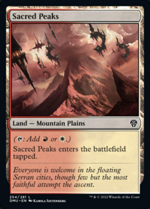 Magic: The Gathering's Dominaria United introduces 'Sacred Peaks,' a Land — Mountain Plains card that produces red or white mana and enters the battlefield tapped. The art showcases floating cities above rugged mountains, with flavor text highlighting the mystique of the Serran cities.