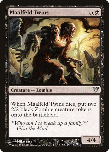 Here is a rewritten sentence based on the provided product data:

A Magic: The Gathering card named "Maalfeld Twins [Avacyn Restored]" features a dark illustration of two zombies emerging from a decrepit, eerie background. It has a casting cost of 5B, is a 4/4 creature, and when it dies, it produces two 2/2 black zombie creature tokens. Flavor text: "Who am I to break up a family?