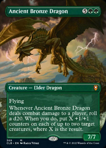 Image of an "Ancient Bronze Dragon (Borderless Alternate Art) [Commander Legends: Battle for Baldur's Gate]" Magic: The Gathering card. The vibrant green card showcases a majestic bronze-colored Elder Dragon flying against a stormy backdrop. It costs 5 green mana and 2 generic mana, has flying, and boasts a power/toughness of 7/7 with special combat abilities.