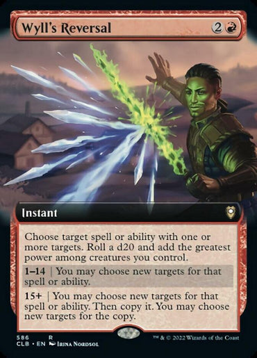 The extended art version of "Wyll's Reversal" from the Magic: The Gathering Commander Legends: Battle for Baldur's Gate set is a fantasy-themed card with red borders. It depicts a character wielding magical green energy against an opposing blue force. This rare instant, whose effects are determined by a d20 roll, can affect target spells or abilities.