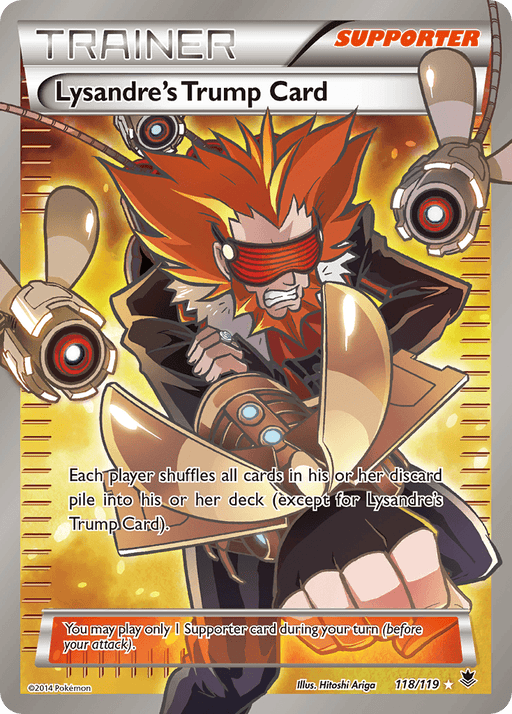 A Pokémon trading card titled "Lysandre's Trump Card (118/119) [XY: Phantom Forces]" from the XY: Phantom Forces set. This Ultra Rare Supporter card features a character with wild orange hair and a red and black outfit. The golden, sparkling background radiates energy. It instructs players to shuffle all cards from their discard piles into their decks, excluding this one.