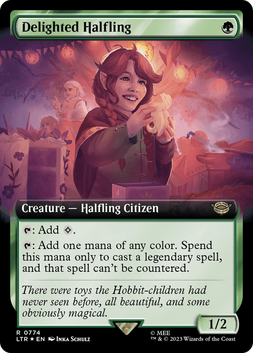A "Magic: The Gathering" card called "Delighted Halfling (Extended Art) (Surge Foil) [The Lord of the Rings: Tales of Middle-Earth]" features a joyous halfling holding a flower. It has a green border and is a creature - Halfling Citizen with 1/2 power/toughness. The text details its mana abilities and includes beautiful, hobbit-themed flavor text reminiscent of "The Lord of the Rings.