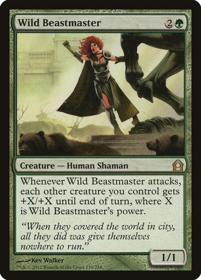 The "Wild Beastmaster" card from Magic: The Gathering's Return to Ravnica set features a red-haired Human Shaman with a staff, commanding forest creatures like bears and bison, all set against a green-bordered background that underscores the impending risks of urbanization.