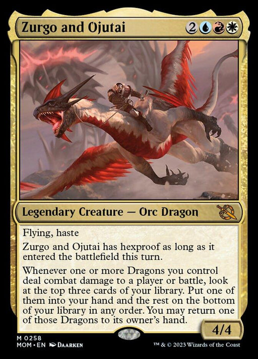 A Magic: The Gathering card named Zurgo and Ojutai [March of the Machine]. It depicts a red dragon with white wings in flight, ridden by an orc wielding a weapon. The legendary creature card, marked by mythic rarity and a golden border, features Flying, Haste, and Hexproof under certain conditions. Its power and toughness are 4/4.