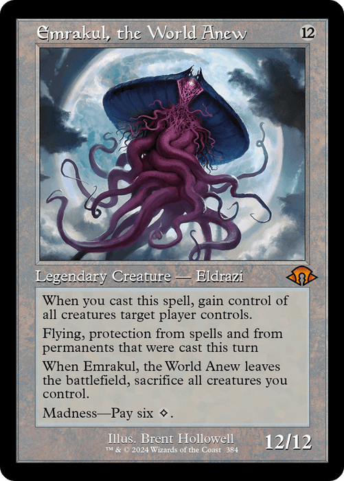 A Magic: The Gathering card titled "Emrakul, the World Anew (Retro) [Modern Horizons 3]," features a legendary creature, Eldrazi. This mythic entity has elongated tentacles against a dark, cosmic backdrop. Boasting 12 power and 12 toughness with various abilities and a mana cost of 12, the artwork is by Brent Hollowell.