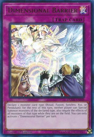 A Yu-Gi-Oh! trading card titled "Dimensional Barrier [DUDE-EN048] Ultra Rare". This Ultra Rare Normal Trap Card showcases a wizard casting a glowing barrier with glyphs. Its effect text explains: it prevents the summoning and effects of a declared monster type for the rest of the turn.