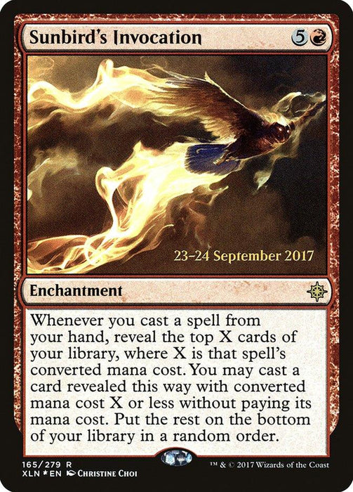 A Magic: The Gathering card titled "Sunbird's Invocation [Ixalan Prerelease Promos]," featuring an illustration of a fiery bird soaring. This rare Enchantment card, costing 5 generic and 1 red mana, was part of the Ixalan Prerelease Promos. It grants a special ability related to casting spells and revealing library cards based on spell cost.