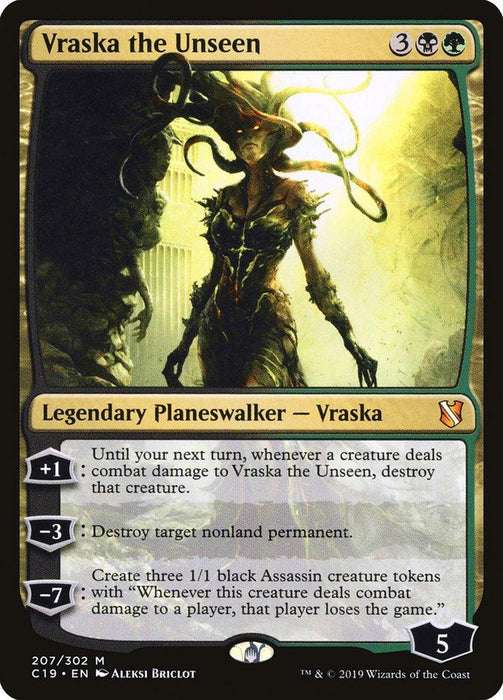 A Magic: The Gathering card titled "Vraska the Unseen [Commander 2019]." This Mythic card features Vraska, a Legendary Planeswalker with a menacing, gorgon-like appearance, wearing dark, nature-themed armor. The text details her abilities with numbers and symbols. From Commander 2019, it has a loyalty score of 5.
