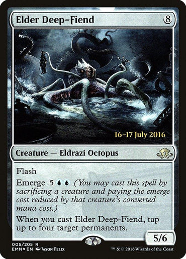 The image is a Magic: The Gathering card titled "Elder Deep-Fiend [Eldritch Moon Prerelease Promos]," featuring a monstrous creature with tentacles emerging from dark waters. This rare Eldrazi Octopus from the Eldritch Moon Prerelease Promos types has Flash, Emerge 5UU, and taps up to four target permanents when cast. It's a 5/6.