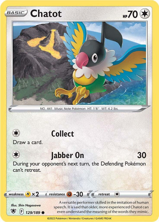Image of a Pokémon trading card depicting Chatot, a bird-like Pokémon from the Astral Radiance set. The card features artwork of Chatot flying in a cloudy sky with green hills in the background. Details include Chatot's height, weight, attacks ("Collect" and "Jabber On"), weaknesses, and flavor text describing its abilities. Product Name: Chatot (129/189) [Sword & Shield: Astral Radiance] Brand Name: Pokémon
