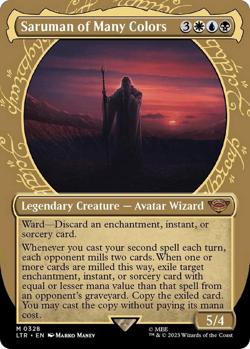 A Magic: The Gathering card titled "Saruman of Many Colors (Showcase Ring Frame) [The Lord of the Rings: Tales of Middle-Earth]." This legendary creature, an Avatar Wizard with complex abilities, features a golden border. It costs three colorless, one white, one blue, and one black mana to cast and boasts a power/toughness of 5/4. An illustration depicts a robed