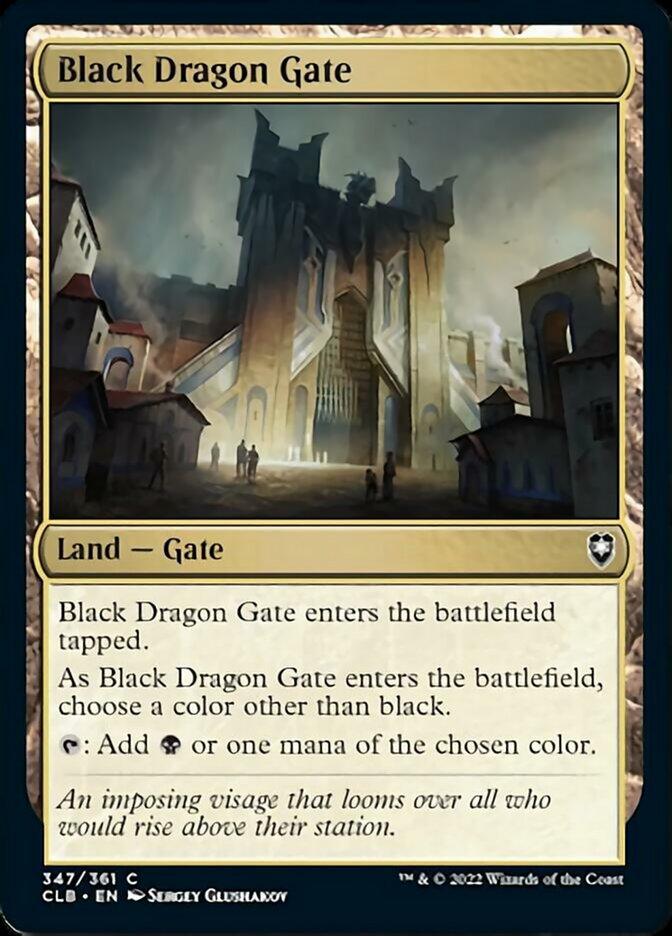 A Magic: The Gathering product named Black Dragon Gate [Commander Legends: Battle for Baldur's Gate] from Magic: The Gathering. The card has a black and gold border, featuring a grand, gothic gate with dragon statues. This Land — Gate type allows choosing and adding mana. Flavor text: 