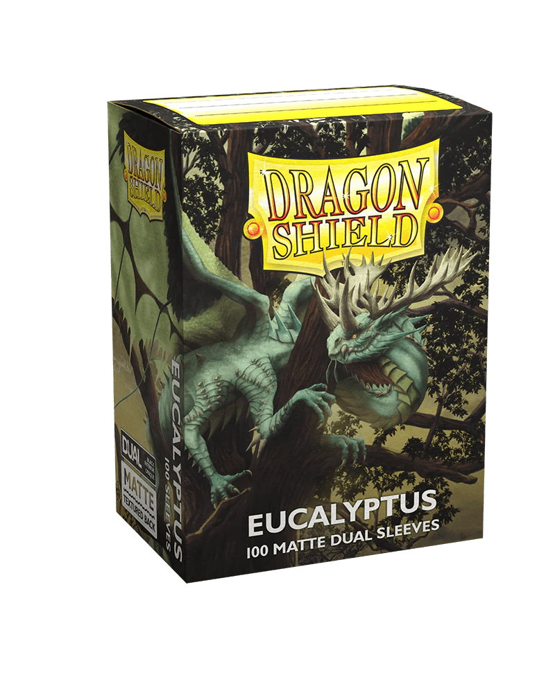 Arcane Tinmen's Dragon Shield: Standard 100ct Sleeves - Eucalyptus (Dual Matte) offer glossy back protection with a green dragon on a tree design. "Dragon Shield" is in yellow above and "Eucalyptus" below, renowned for their impressive seal strength.