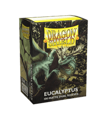 Arcane Tinmen's Dragon Shield: Standard 100ct Sleeves - Eucalyptus (Dual Matte) offer glossy back protection with a green dragon on a tree design. "Dragon Shield" is in yellow above and "Eucalyptus" below, renowned for their impressive seal strength.