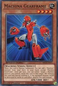 A Machina Gearframe [SBCB-EN071] Common from Yu-Gi-Oh!. The card features an image of a red and silver humanoid robot with large arm guards and blue background. This Machine/Union type Union/Effect Monster boasts 1800 ATK and 0 DEF, detailing summoning and attaching conditions in its effect text.
