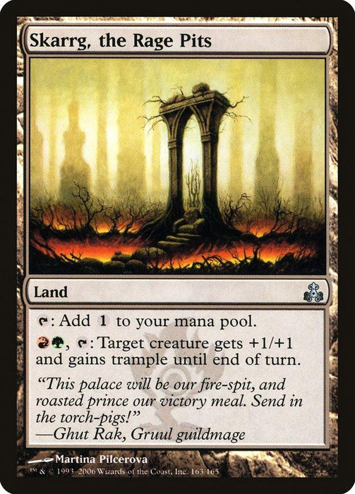 A Magic: The Gathering card titled "Skarrg, the Rage Pits [Guildpact]." This Magic: The Gathering land features an eerie, fiery landscape with ruined stone archways and glowing embers. It has abilities to add mana and grant creatures trample. Flavor text is attributed to Ghut Rak, Gruul guildmage.