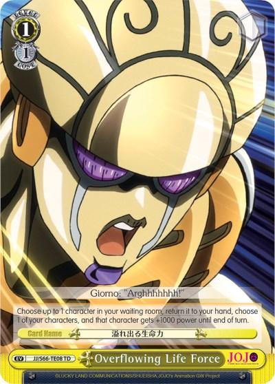 A trading card from JoJo's Bizarre Adventure: Golden Wind by Bushiroad features a character in golden armor, open-mouthed as if shouting. The text reads, "Giorno: 'Arghhhhhh!'" Titled "Overflowing Life Force (JJ/S66-TE08 TD) [JoJo's Bizarre Adventure: Golden Wind]" from the Trial Deck, it enables you to return a character from the waiting room and boost another's power.