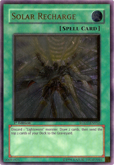 The Ultimate Rare card "Solar Recharge [LODT-EN052]" from Yu-Gi-Oh! is a Normal Spell Card illustrating radiant beams emanating from a glowing orb. Its effect permits you to discard 1 "Lightsworn" monster, draw 2 cards, and subsequently send the top 2 cards of your Deck to the Graveyard.