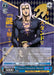 This image displays the trading card "Pursuer of Information, Abbacchio (JJ/S66-E080J JJR)" from the anime series "JoJo's Bizarre Adventure: Golden Wind." The character, with long gray hair and dark eyebrows, dons a dark, partially unbuttoned shirt. The card's background and borders are adorned with Japanese text and game statistics for this captivating Bushiroad card game.