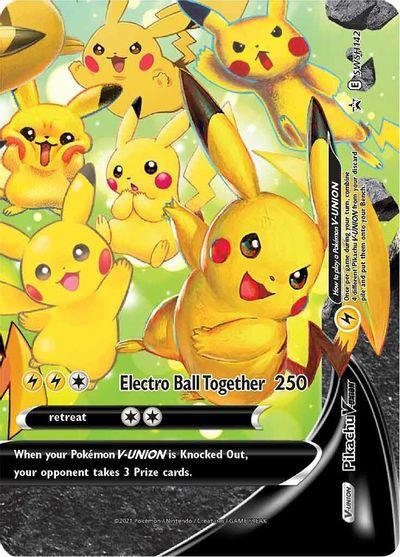 A Pokémon trading card featuring Pikachu and various Pikachu V-UNION forms. The card shows multiple Pikachu in playful poses, with one in the center closer to the foreground. The attack, "Electro Ball Together," deals 250 damage. Lightning strikes across the background, and set information is in small text at both lower corners.

Product Name: **Pikachu V-UNION (SWSH142) (Celebrations) [Sword & Shield: Black Star Promos]**
Brand Name: **Pokémon**