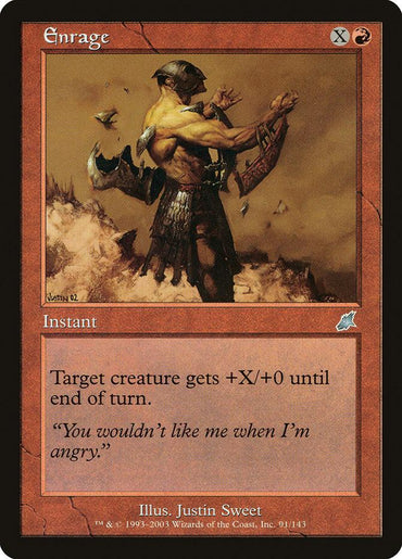 A Magic: The Gathering card titled "Enrage [Scourge]," an uncommon instant with red borders. Illustrated by Justin Sweet, it features a muscular, shirtless warrior in a Roman-style skirt, flexing his arms as brown debris flies around him. The card's text states: "Target creature gets +X/+0 until end of turn.