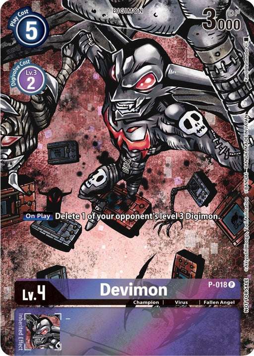 The image showcases a Digimon promotional card, Devimon [P-018] from the 25th Special Memorial Pack. It features a menacing dark figure with wings, red eyes, and claws amidst swirling shadowy effects. As a promo card, it has impressive stats: a play cost of 5, Digivolve cost of 2, and a power level of 3000. Its effect allows you to delete one of your opponent's level 3 Digimon.