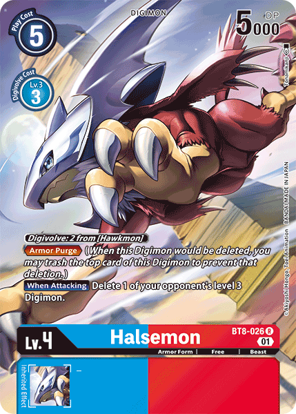 A Digimon card depicting Halsemon, a blue and red-winged creature with clawed hands and feet. From the New Awakening set, the card's attributes include a play cost of 5, a Digivolve cost of 3 from level 3, 5000 DP, and abilities like "Armor Purge" and deleting a level 3 opponent's Digimon when using the Halsemon [BT8-026] (Alternate Art) [New Awakening] from the Digimon brand.