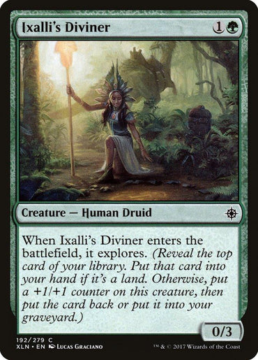 An "Ixalli's Diviner [Ixalan]" Magic: The Gathering card from the Ixalan set. This common card depicts a human druid in tribal garments, holding a staff amidst lush forest scenery. Its text describes the creature’s ability to reveal the top card of the library and act if it is a land card. The card has 0/3 power and toughness.