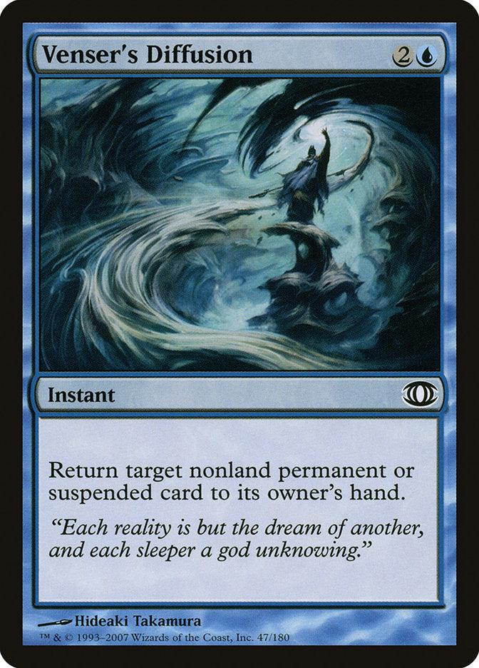 Venser's Diffusion from [Future Sight], a card in the Magic: The Gathering series, features a striking blue border and requires 2 colorless mana and 1 blue mana to cast. This Instant spell lets you return either a target nonland permanent or a suspended card to its owner's hand, depicted through artwork showcasing a swirling vortex and a robed figure.