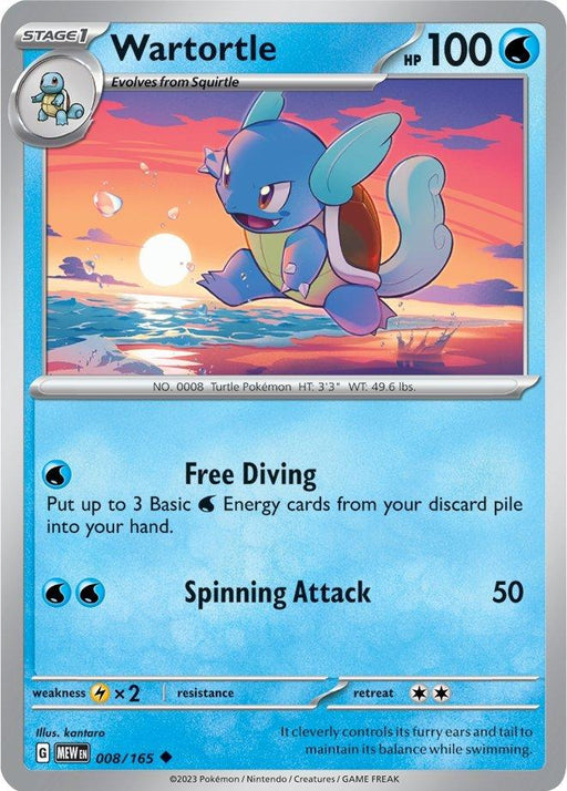 The image is a Pokémon card from the Pokémon Scarlet & Violet: 151 series featuring Wartortle (008/165) [Scarlet & Violet: 151], a blue, turtle-like creature with a fluffy tail and long ears. Wartortle, of uncommon rarity and water type, is illustrated diving out of water at sunset. The card details include 100 HP, Free Diving, and Spinning Attack moves.