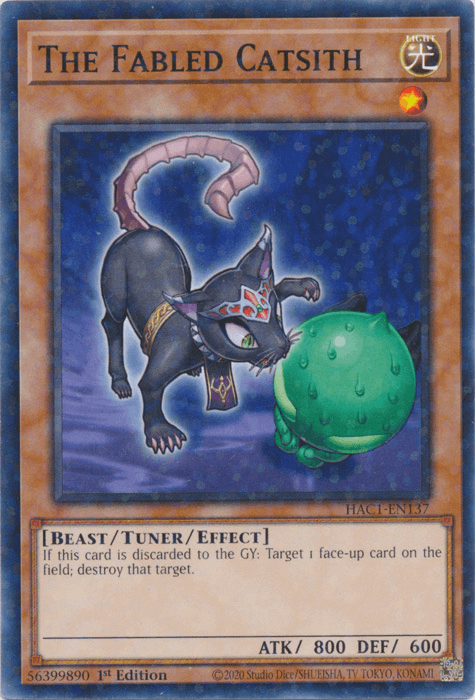 Featured in "Hidden Arsenal: Chapter 1," the Yu-Gi-Oh! trading card, titled "The Fabled Catsith (Duel Terminal) [HAC1-EN137] Common," illustrates a black winged cat with red eyes and a silver crown. The Tuner/Effect Monster is shown playfully pouncing at a green, textured orb while possessing the ability to destroy face-up cards. It has an ATK of 800 and DEF of 600.