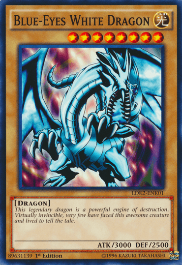 A "Blue-Eyes White Dragon (Version 1) [LDK2-ENK01] Common" Yu-Gi-Oh! card from the Legendary Decks II series, showcasing a fierce, blue-scaled dragon with glowing blue eyes. This Level 8 Normal Monster boasts 3000 attack points and 2500 defense points, described as a powerful engine of destruction and virtually invincible.