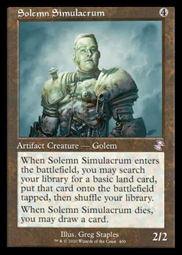 The Magic: The Gathering card "Solemn Simulacrum (Timeshifted) [Time Spiral Remastered]" from Time Spiral Remastered features a golem against a dark background. Text reads: "When Solemn Simulacrum enters the battlefield, you may search your library for a basic land card, put that card onto the battlefield tapped, then shuffle your library. When Solemn Simulacrum dies, you may draw a